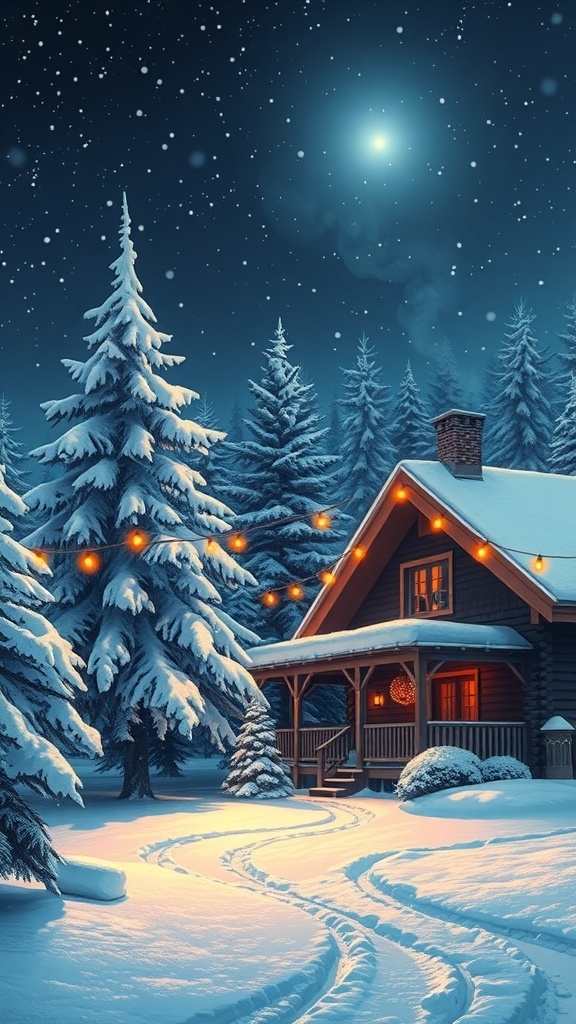A picturesque winter landscape with snow-covered trees and a cozy cabin, perfect for Christmas-themed designs.
